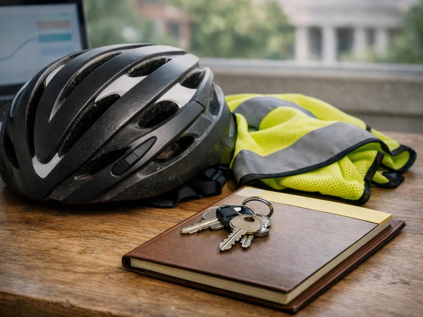 A black bicycle helmet, neon safety vest, keys, and a brown notebook rest on a wooden table by a window