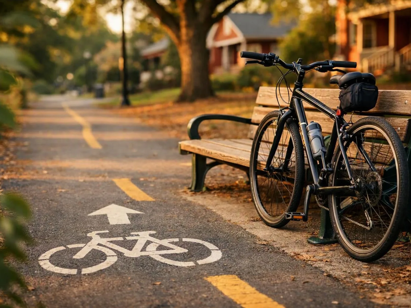 A black bicycle leans beside a wooden bench on a tree-lined path with a bike lane symbol painted ahead