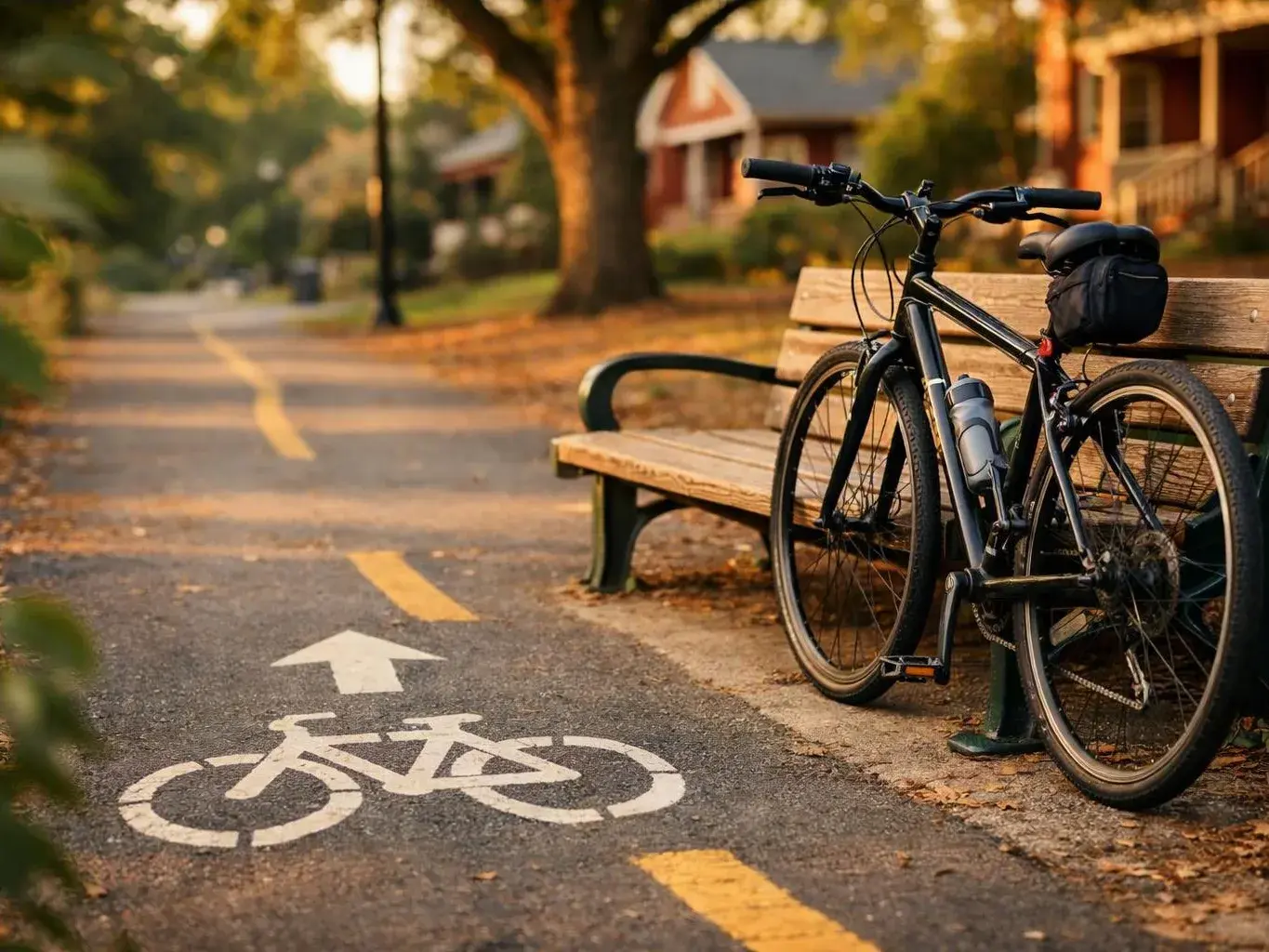 A black bicycle leans by a wooden bench beside a tree-lined path with bike lane markings