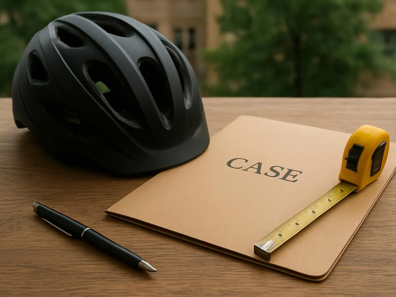A black bike helmet, pen, and tape measure sit beside a folder labeled “CASE” on a wooden table