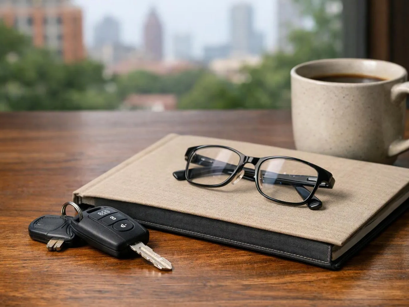 Black eyeglasses rest on a beige notebook beside car keys and a coffee mug on a wooden table