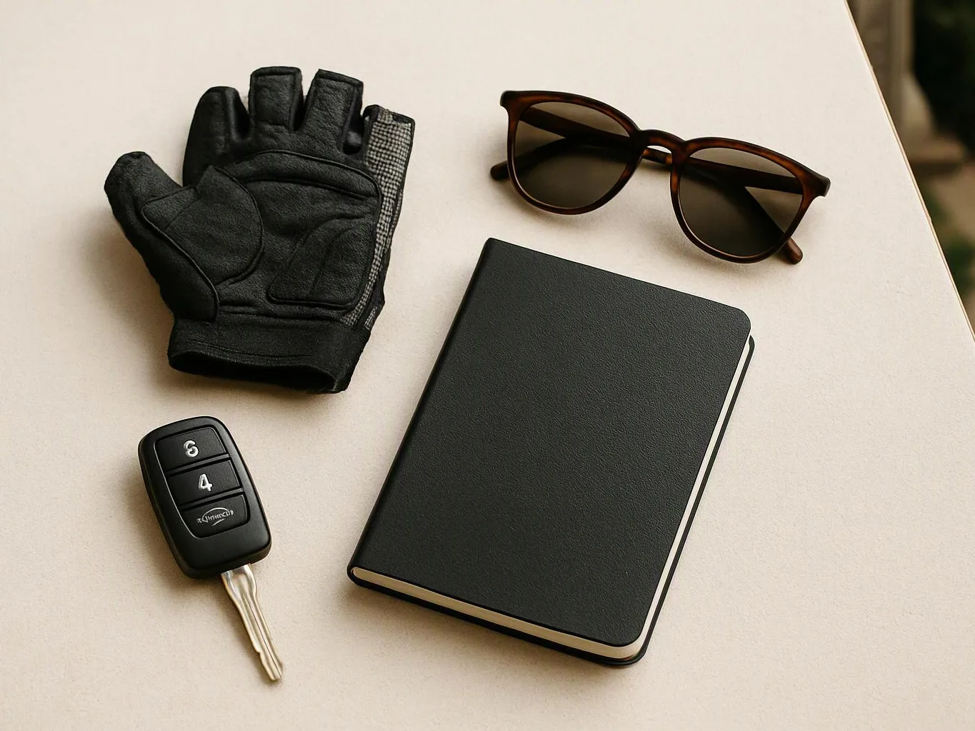 Black glove, sunglasses, notebook, and car key rest on a light tabletop