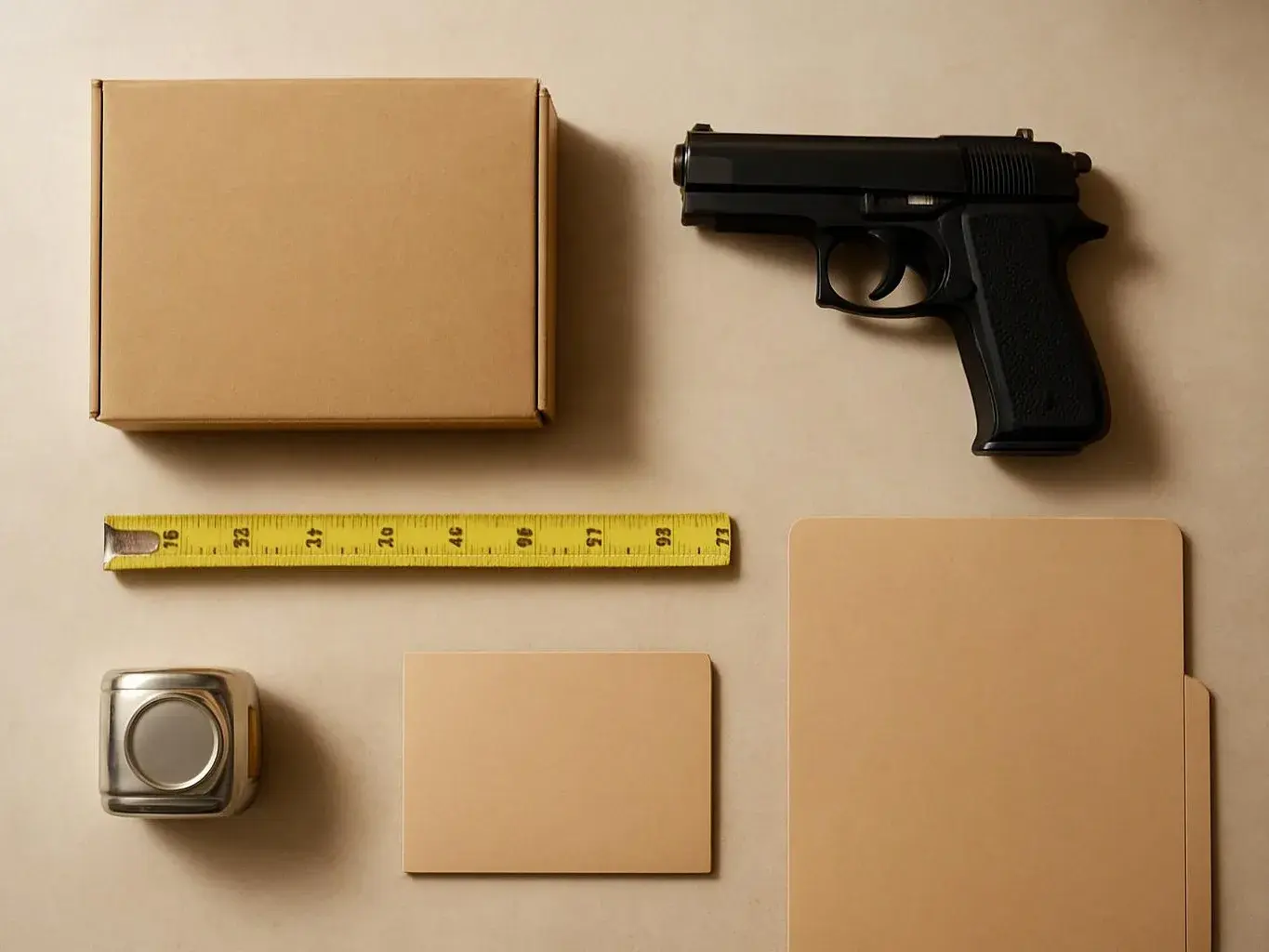 A black handgun, measuring tape, and cardboard pieces are arranged neatly on a beige background