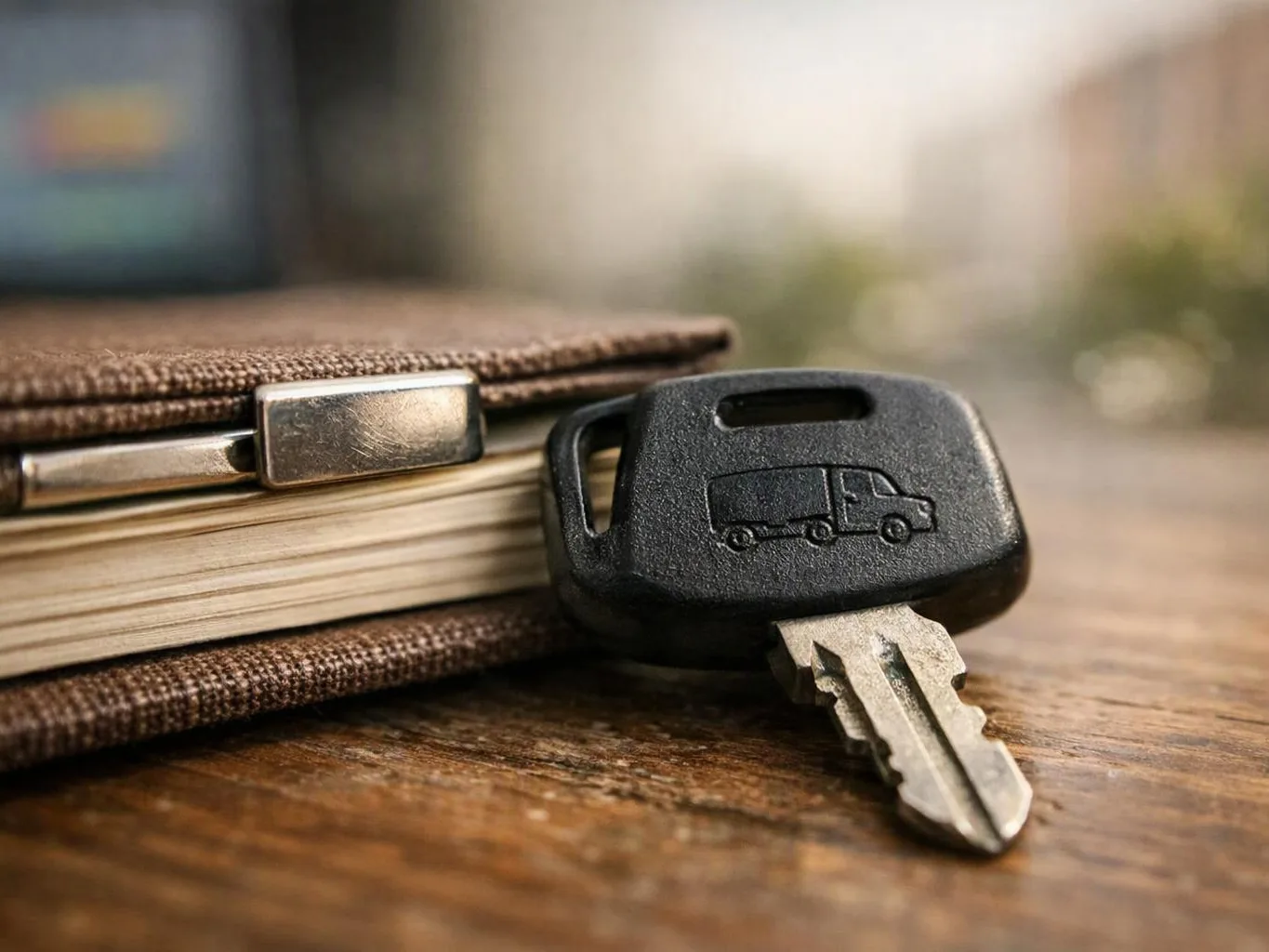 A black key with a truck icon rests beside a closed notebook on a wooden table