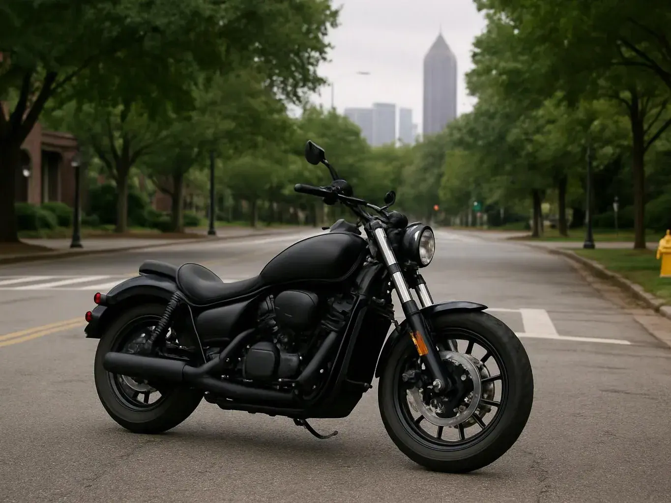 A black motorcycle stands on an empty tree-lined street with a hazy city skyline behind it