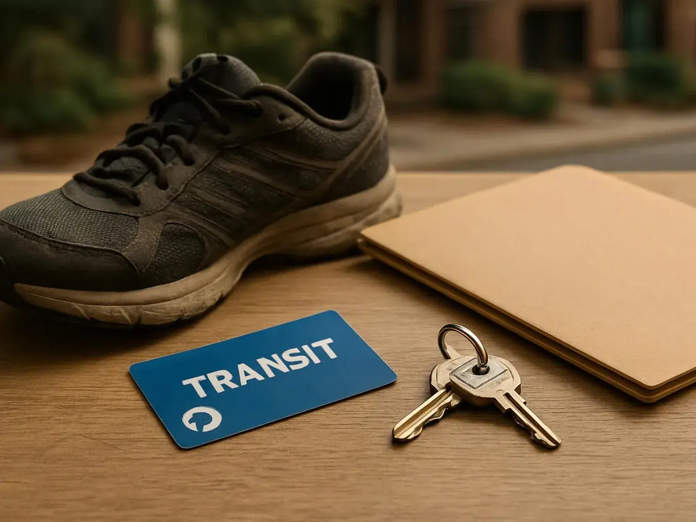 A black sneaker, a blue TRANSIT card, two keys, and a tan folder sit on a wooden table