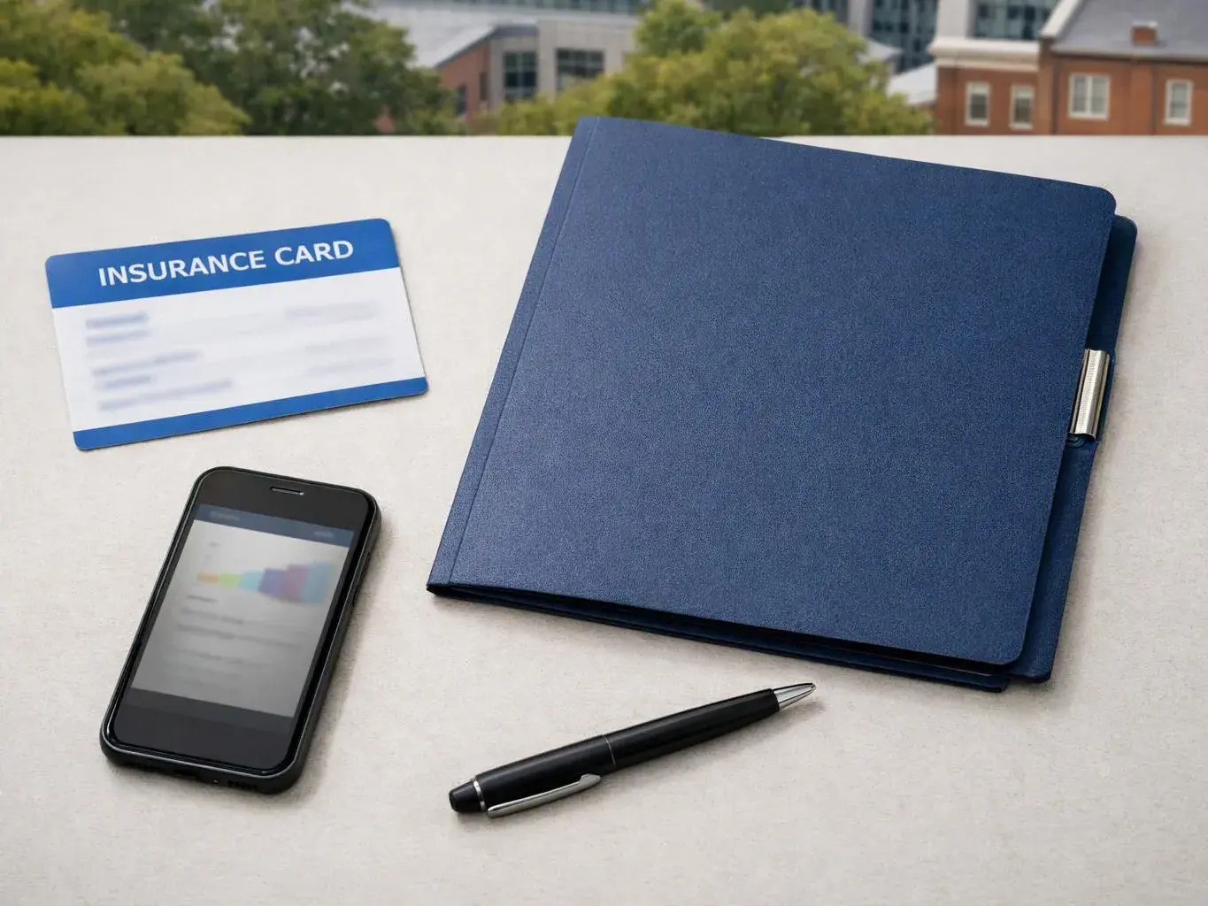 A blue insurance card, smartphone, pen, and folder rest on a table with buildings blurred behind them