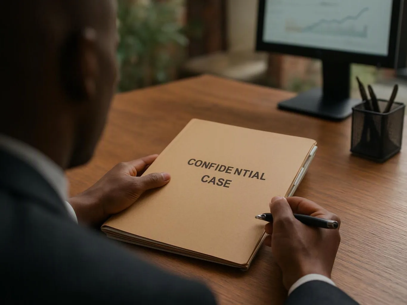 A blue insurance card, smartphone, pen, and folder sit on a table with buildings blurred behind them