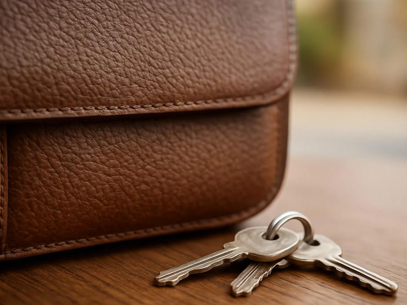 A brown leather bag sits on a wooden table beside a small ring of keys