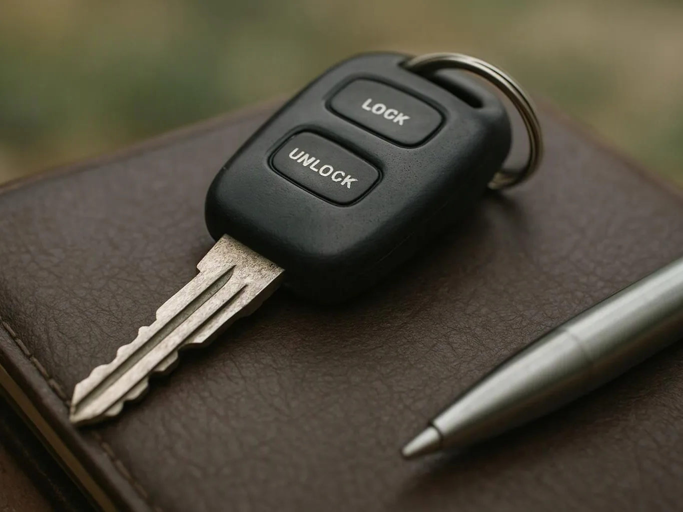 A car key with lock and unlock buttons rests on a leather notebook beside a silver pen