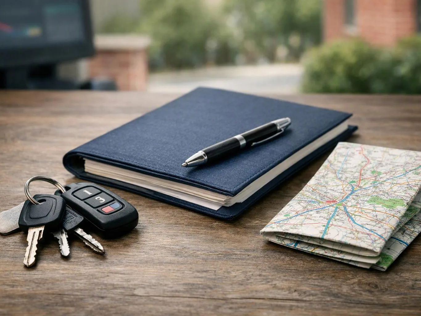 Car keys, a blue notebook with a pen, and a folded paper map sit on a wooden table outdoors