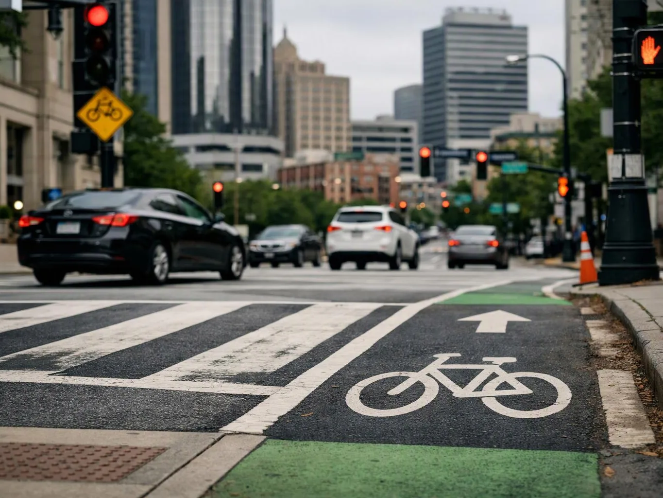 Cars wait at a city intersection beside a marked bike lane and crosswalk under red lights