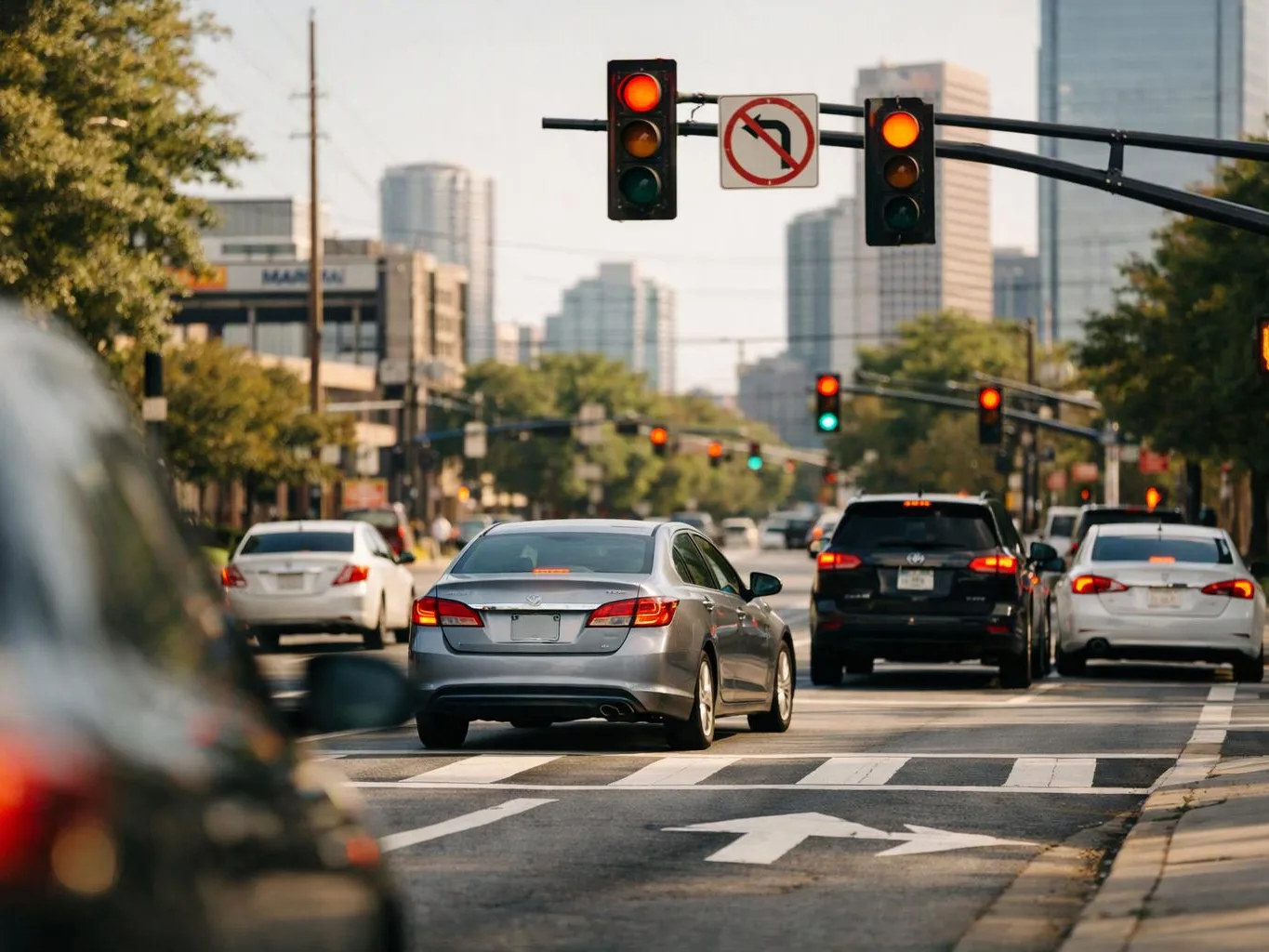 Cars wait at a city intersection under red traffic lights and a no-left-turn sign