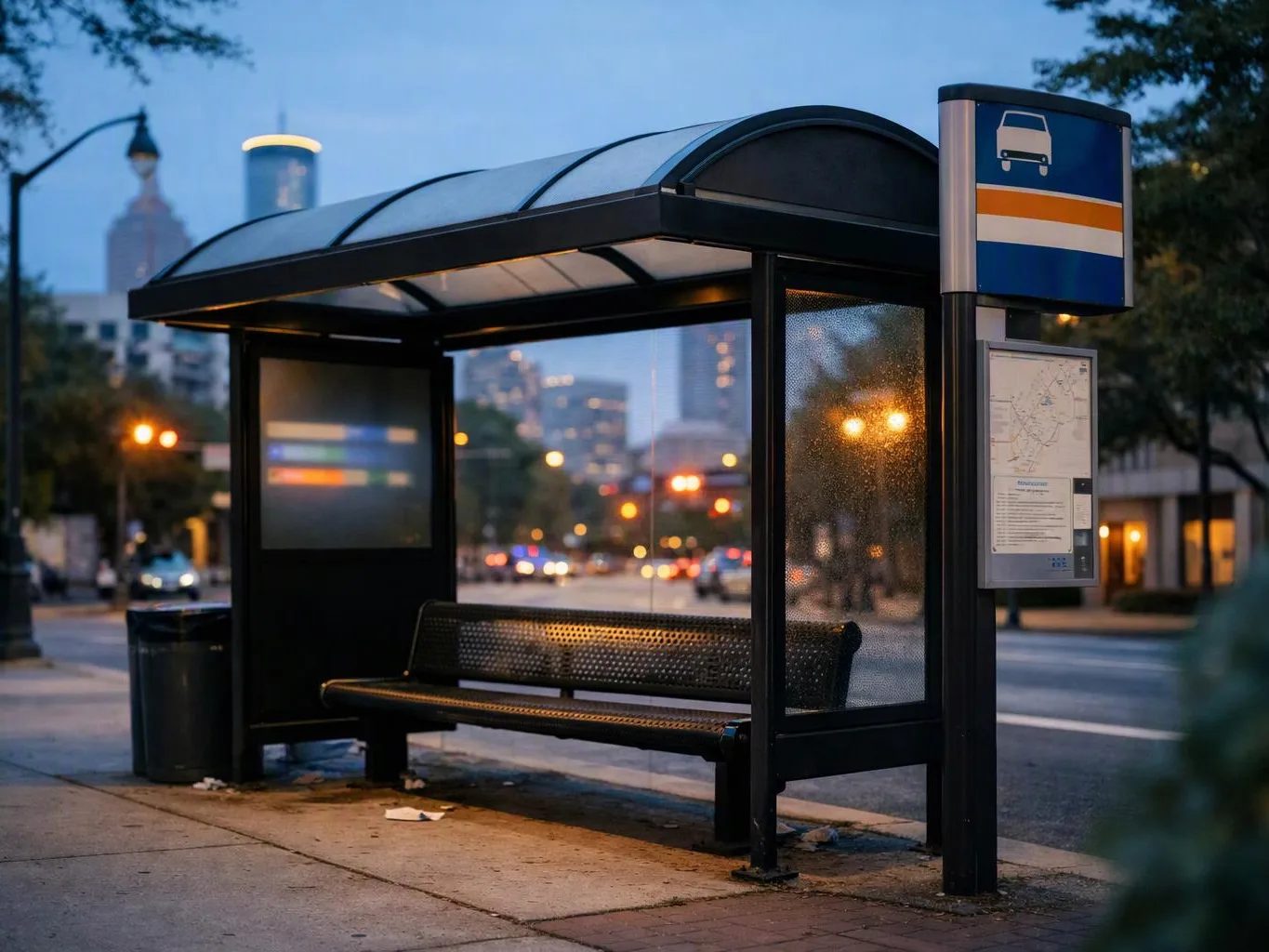 A city bus stop shelter sits empty at dusk beside a street with blurred lights and buildings