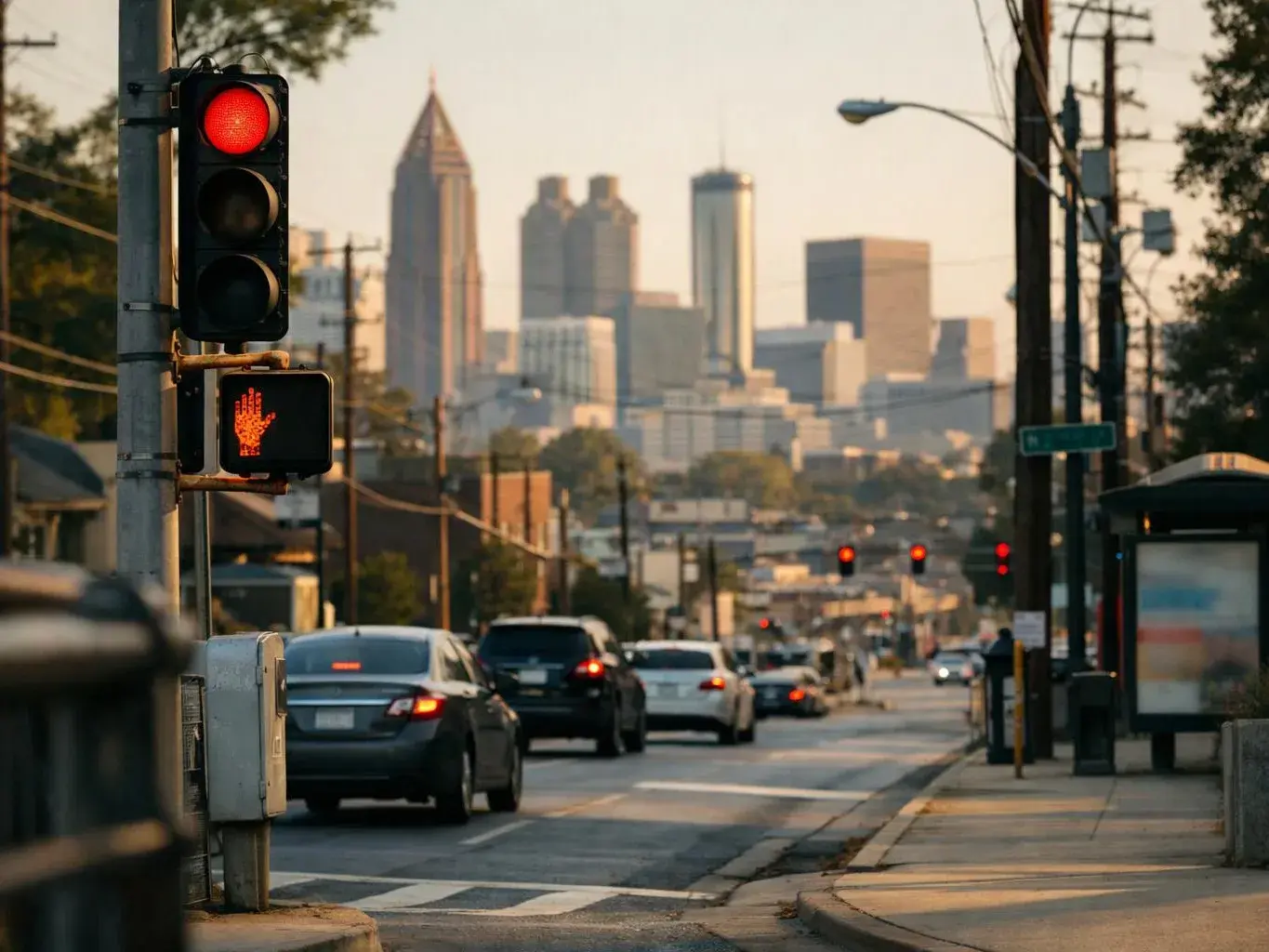 A city street at dusk shows cars stopped at red lights with a skyline in the background