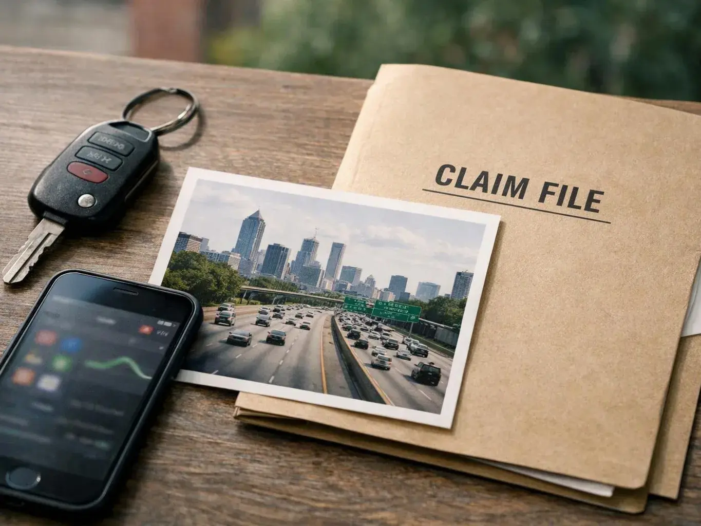 A claim file, car key, phone, and city highway photo sit on a wooden table