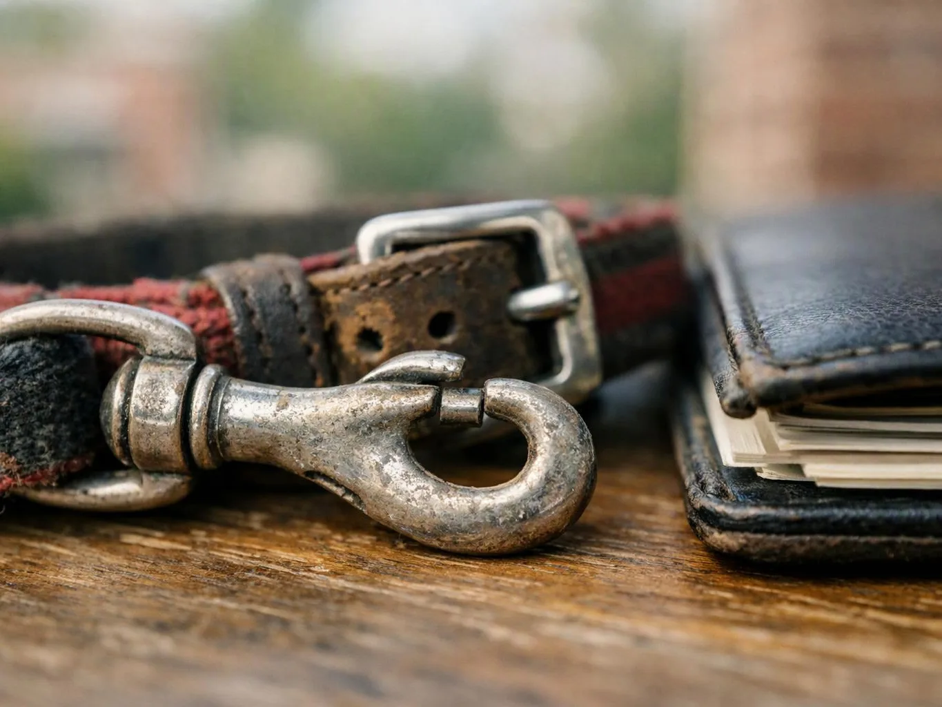 A close-up shows a worn metal dog leash clasp beside a black leather wallet on a wooden surface
