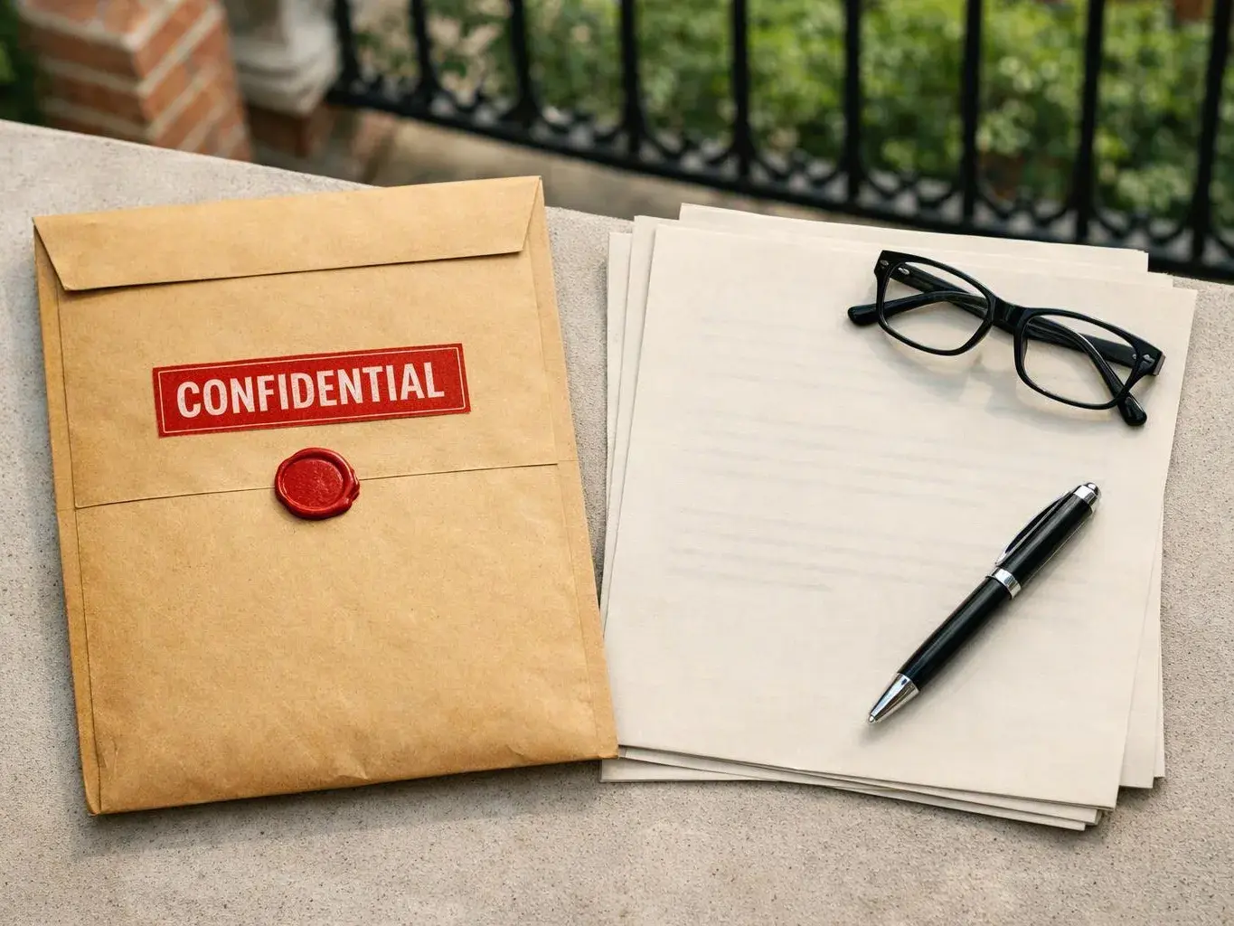 A confidential envelope sits beside blank papers, a pen, and eyeglasses on a stone ledge