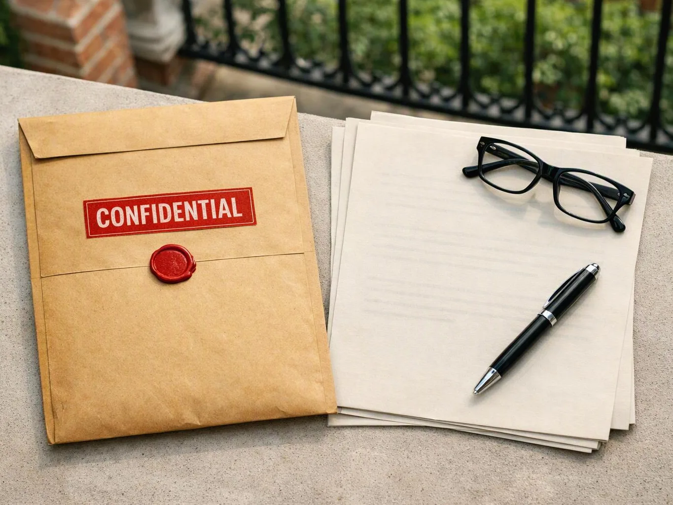 A confidential envelope sits beside stacked papers, black glasses, and a pen on a stone ledge