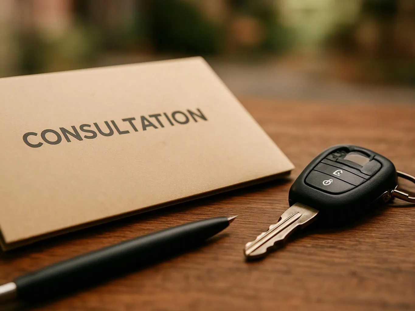 A consultation folder, pen, and car key rest on a wooden table with a blurred background