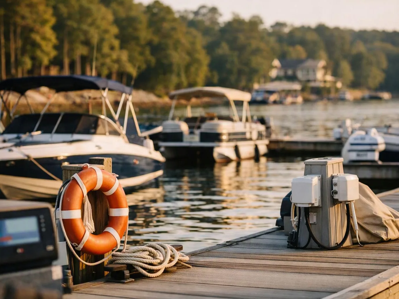 A dock with a lifebuoy and coiled rope sits beside several boats on calm water
