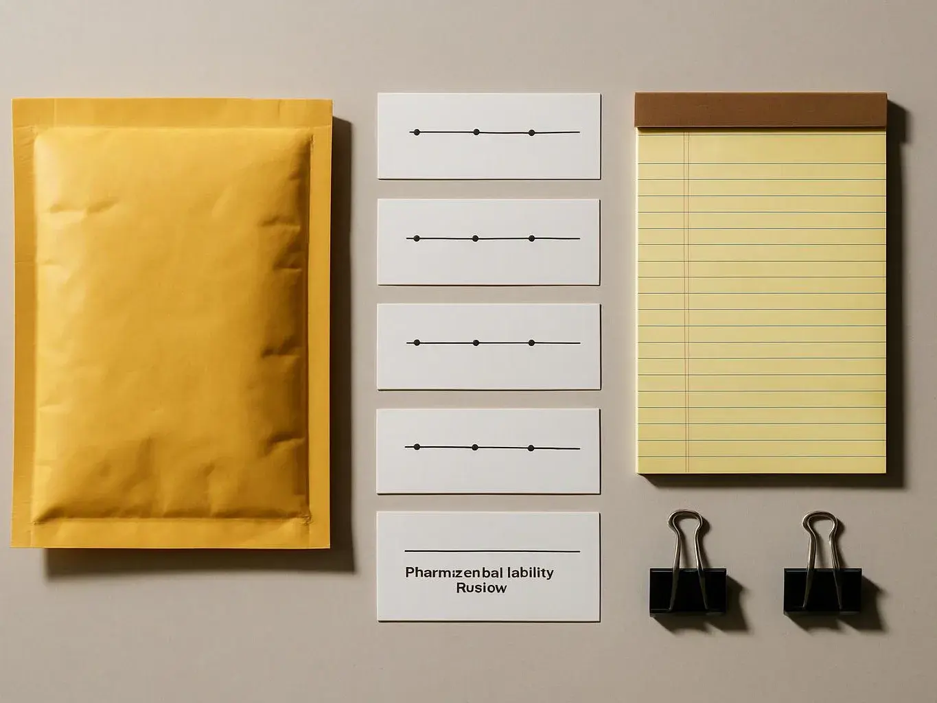 A flat lay shows a yellow padded envelope, four white cards, a lined notepad, and two binder clips on a beige surface
