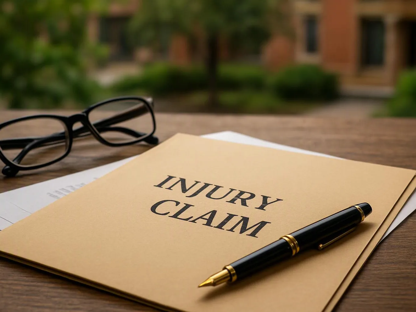 A folder labeled “INJURY CLAIM” sits on a table with glasses, papers, and a pen nearby