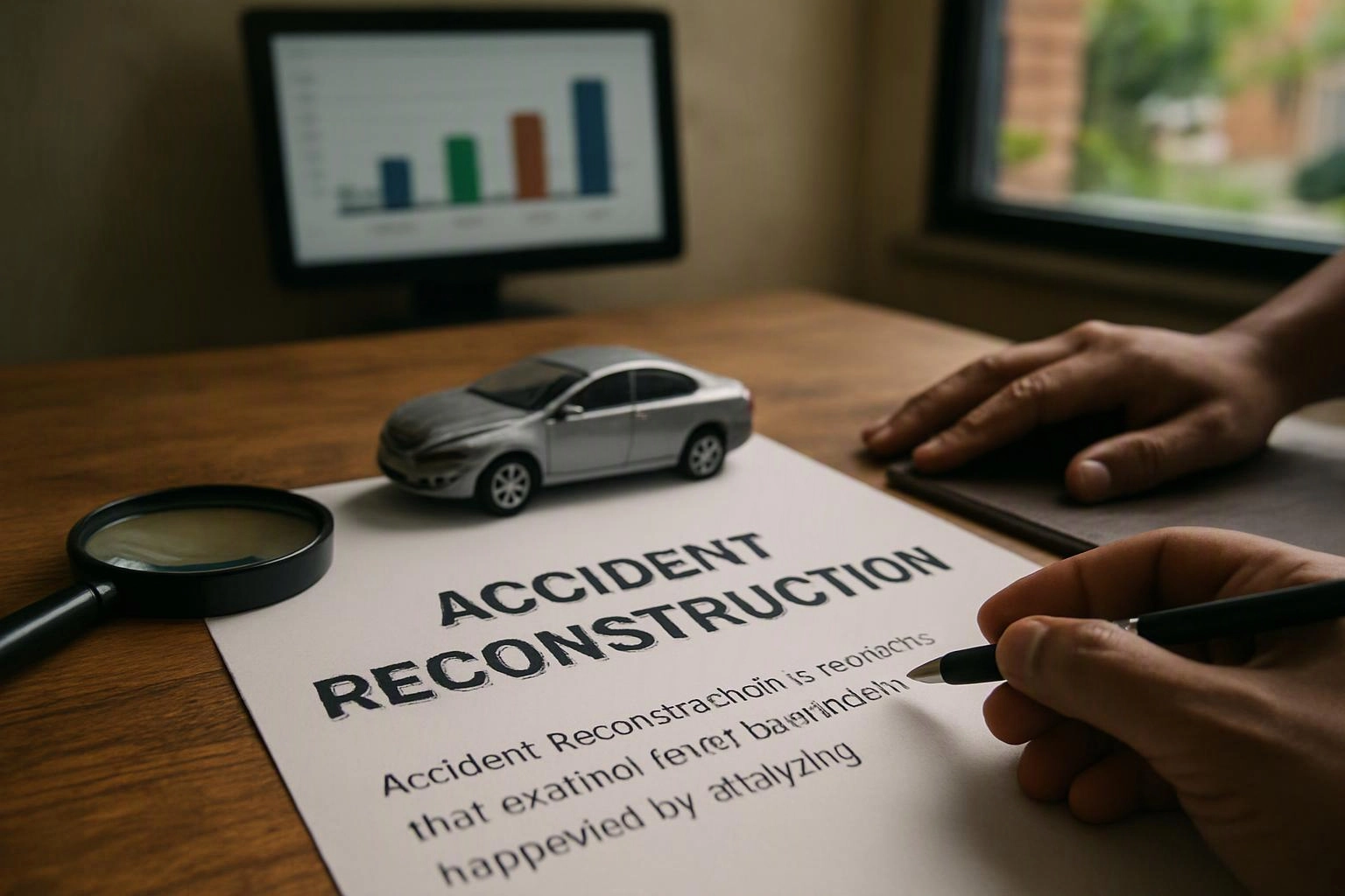 A desk shows a toy car on an accident reconstruction report, with a hand writing beside a magnifying glass and monitor