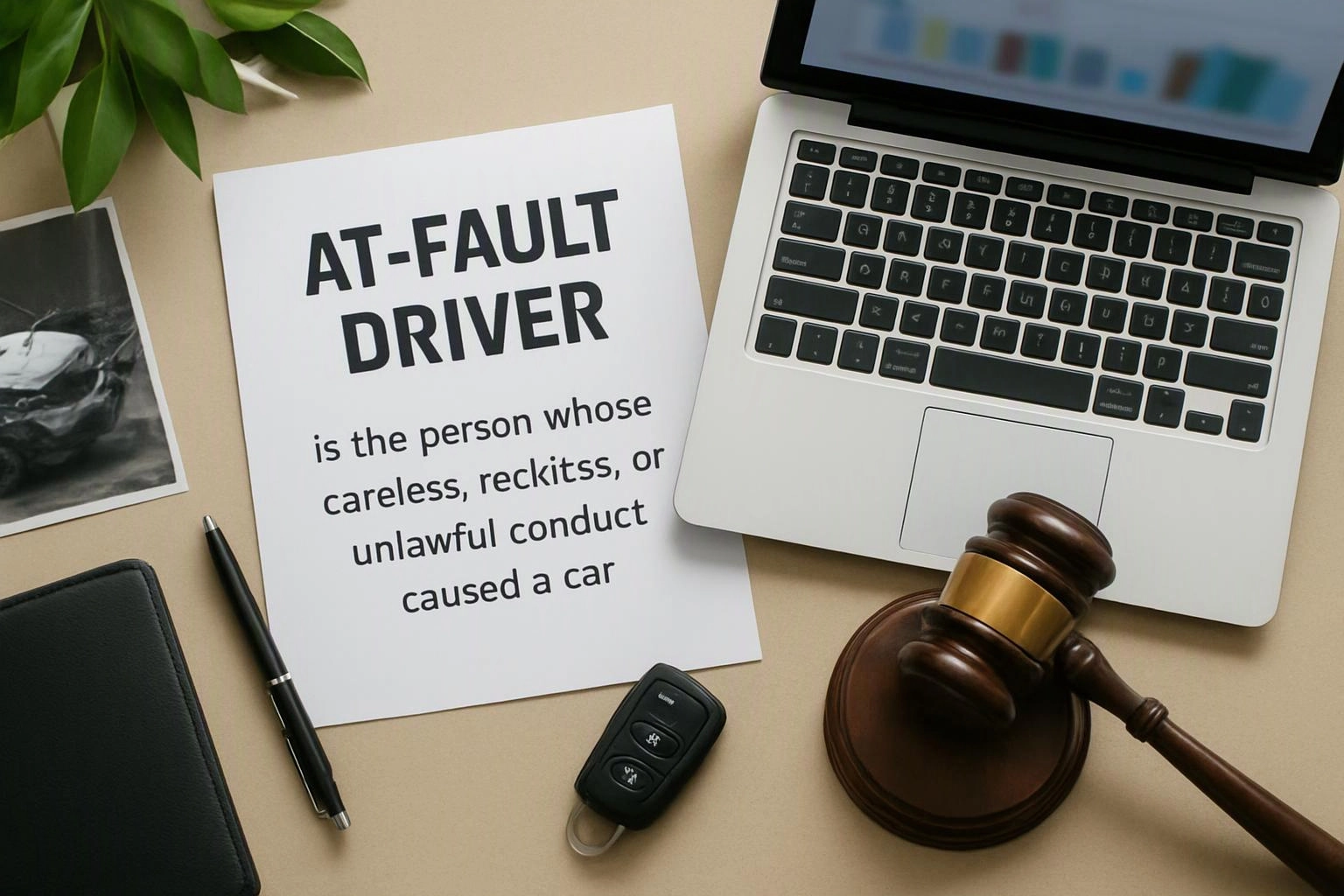 A desk shows a printed at-fault driver notice beside a laptop, gavel, car key fob, pen, and notebook