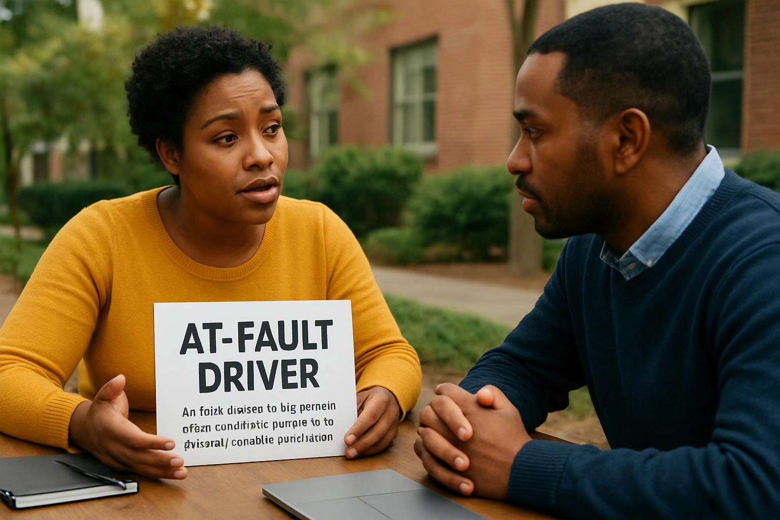A woman holds a sign reading "AT-FAULT DRIVER" while talking with a man at a table outdoors
