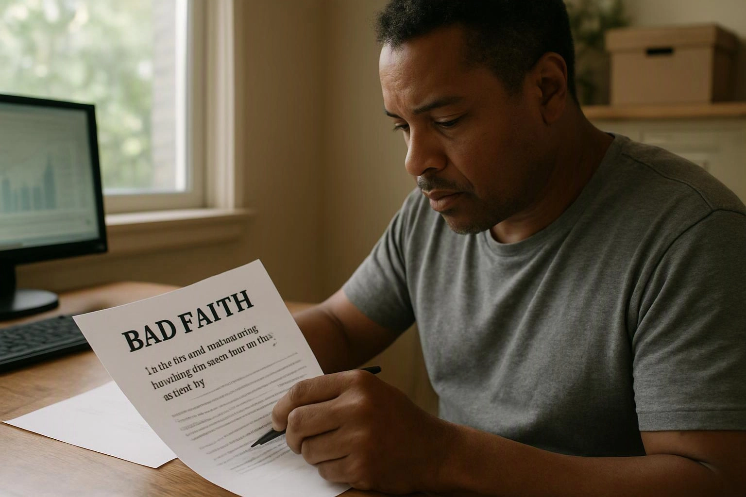 A man in a gray shirt studies a paper titled “BAD FAITH” at a desk beside a computer monitor