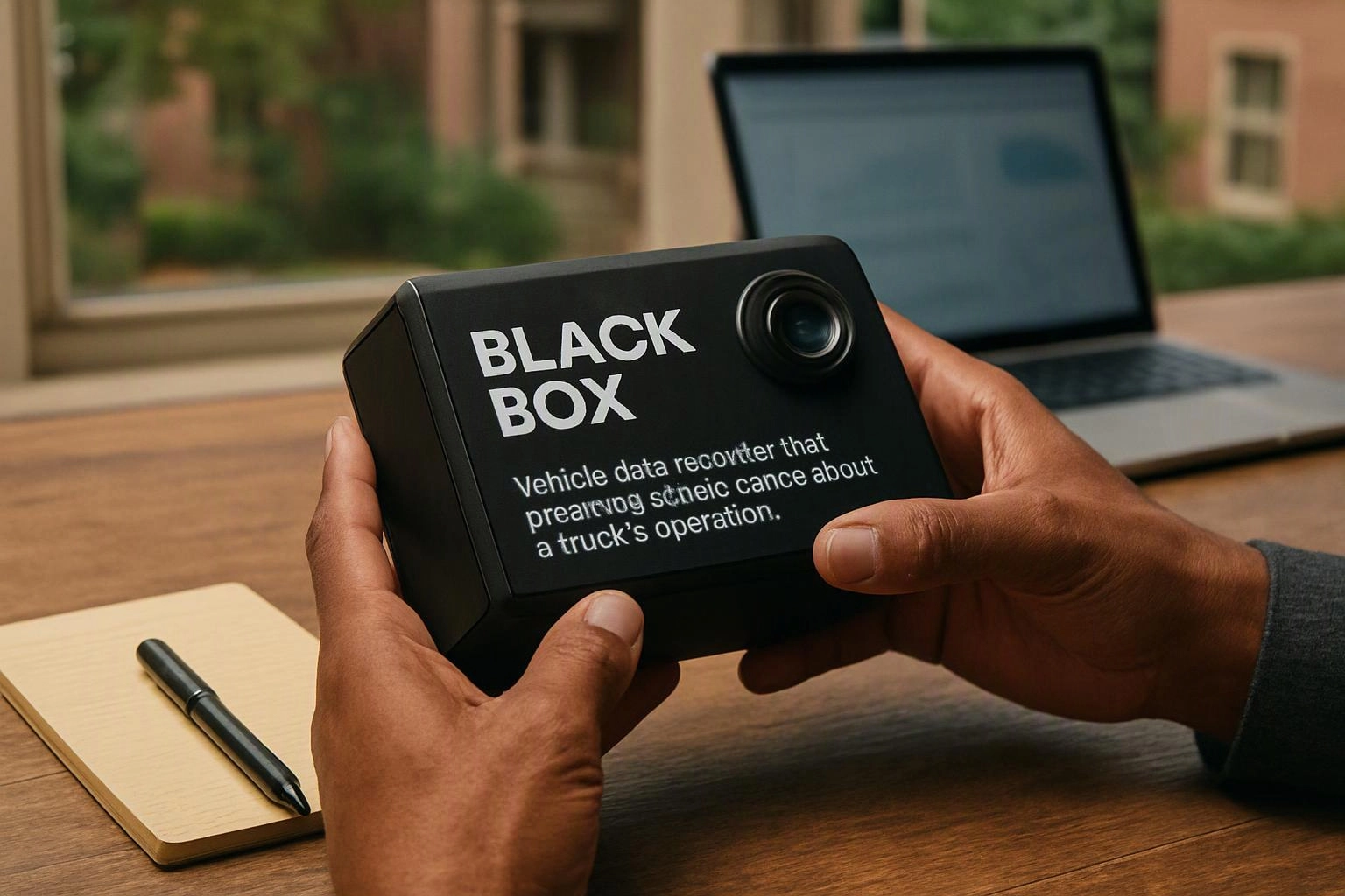 Hands hold a black box labeled “BLACK BOX” beside a notebook, pen, and open laptop on a wooden desk