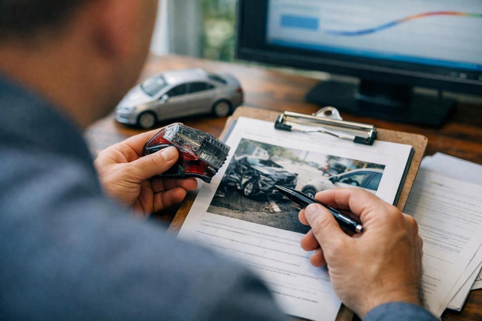 A person examines a broken toy car and a crash photo on a clipboard beside a computer monitor