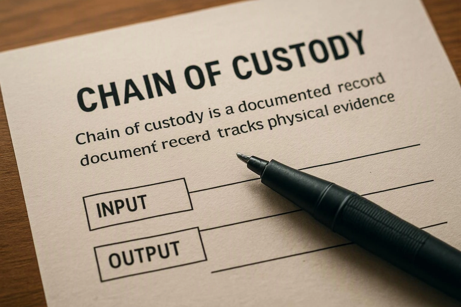 A chain of custody form lies on a wooden desk with a pen resting across the blank lines