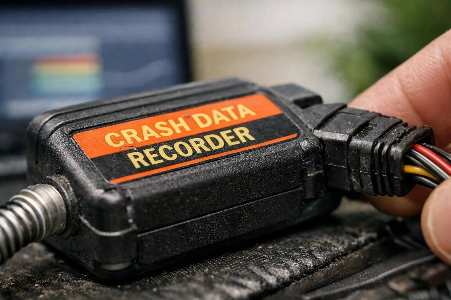 A hand holds a black crash data recorder with orange label and exposed wires on a workbench