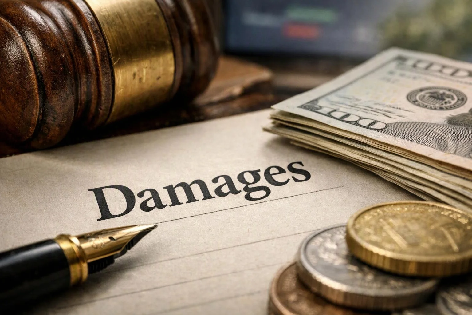 A gavel, pen, cash, and coins surround a page labeled "Damages" on a desk