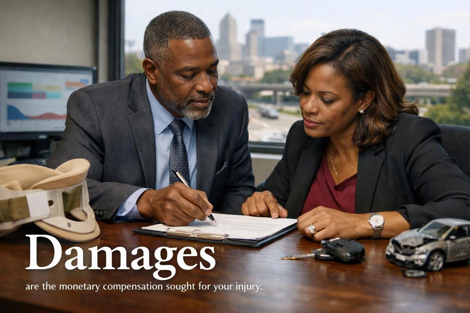 Two businesspeople review paperwork at a desk, with a neck brace, toy car, and city skyline in the office background