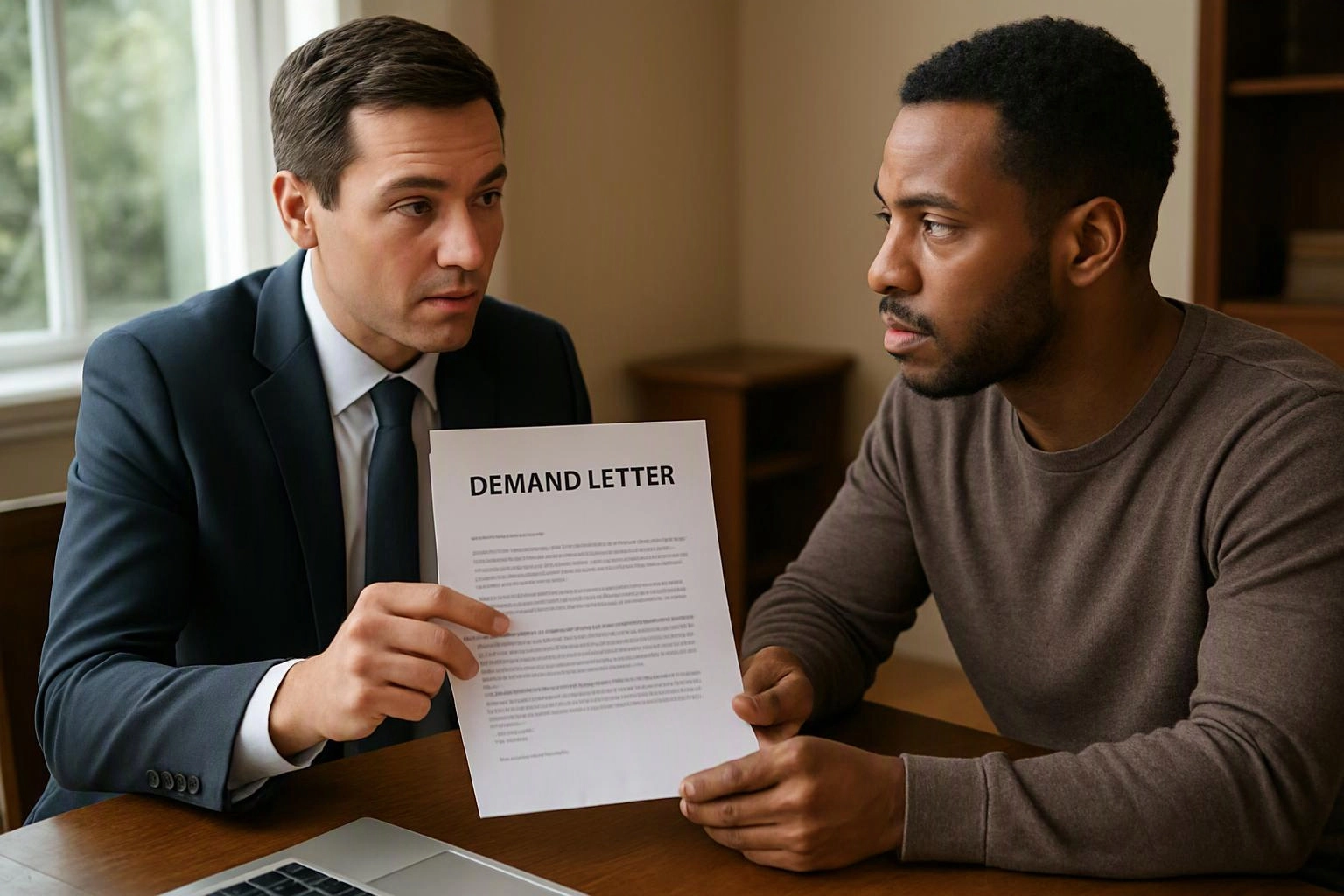 Two men sit at a table, one holding up a paper titled “DEMAND LETTER” in a quiet room