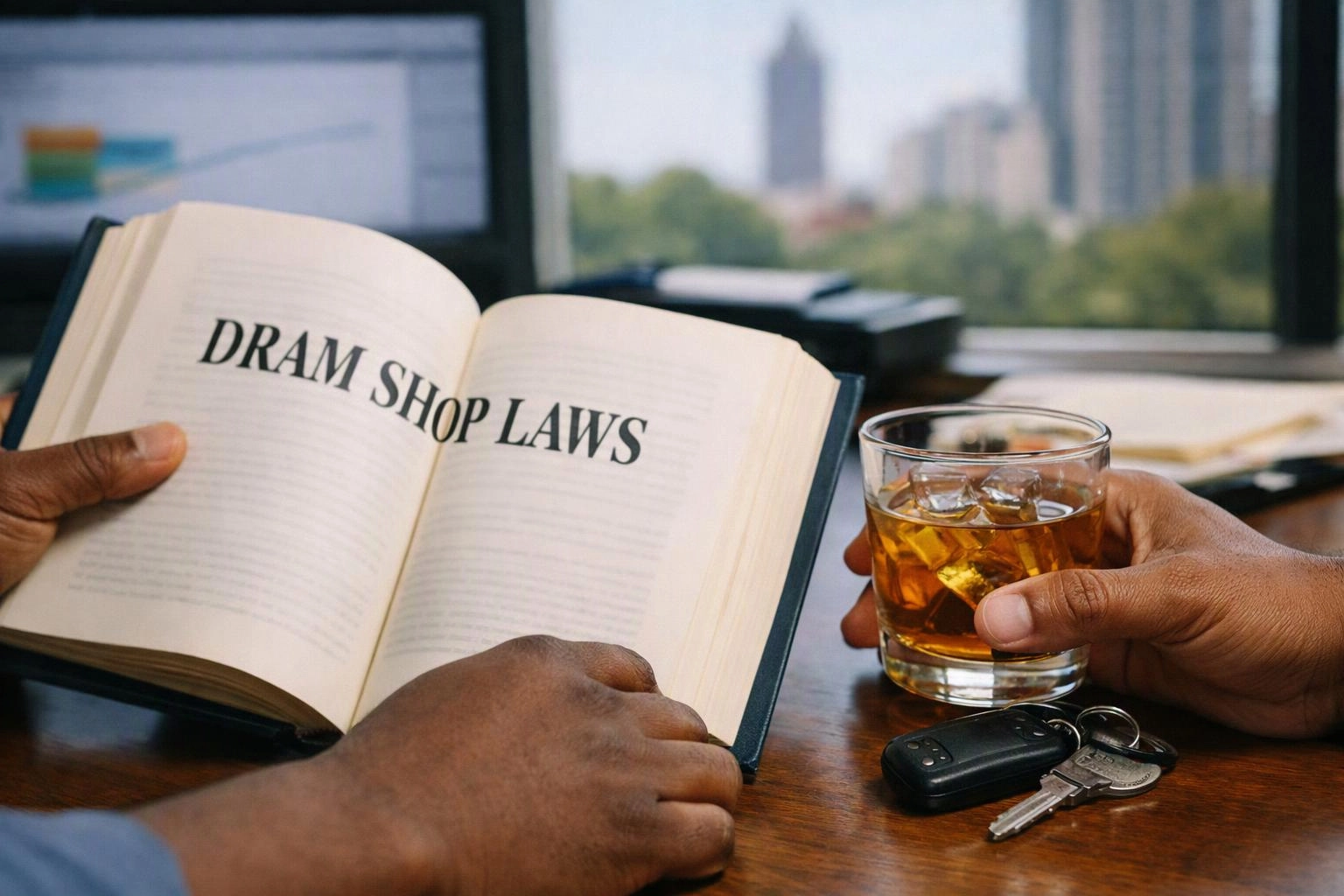 Hands hold an open book titled "DRAM SHOP LAWS" beside a whiskey glass and car keys on a desk