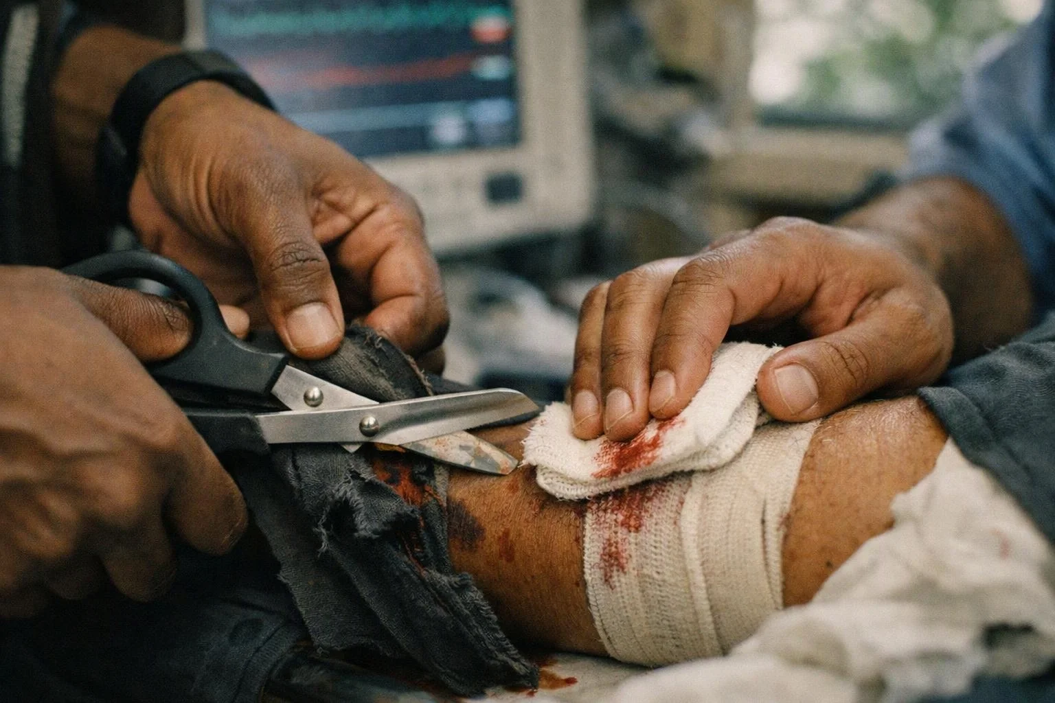 Hands cut away bloodied fabric from a bandaged leg while another hand presses gauze in a medical setting