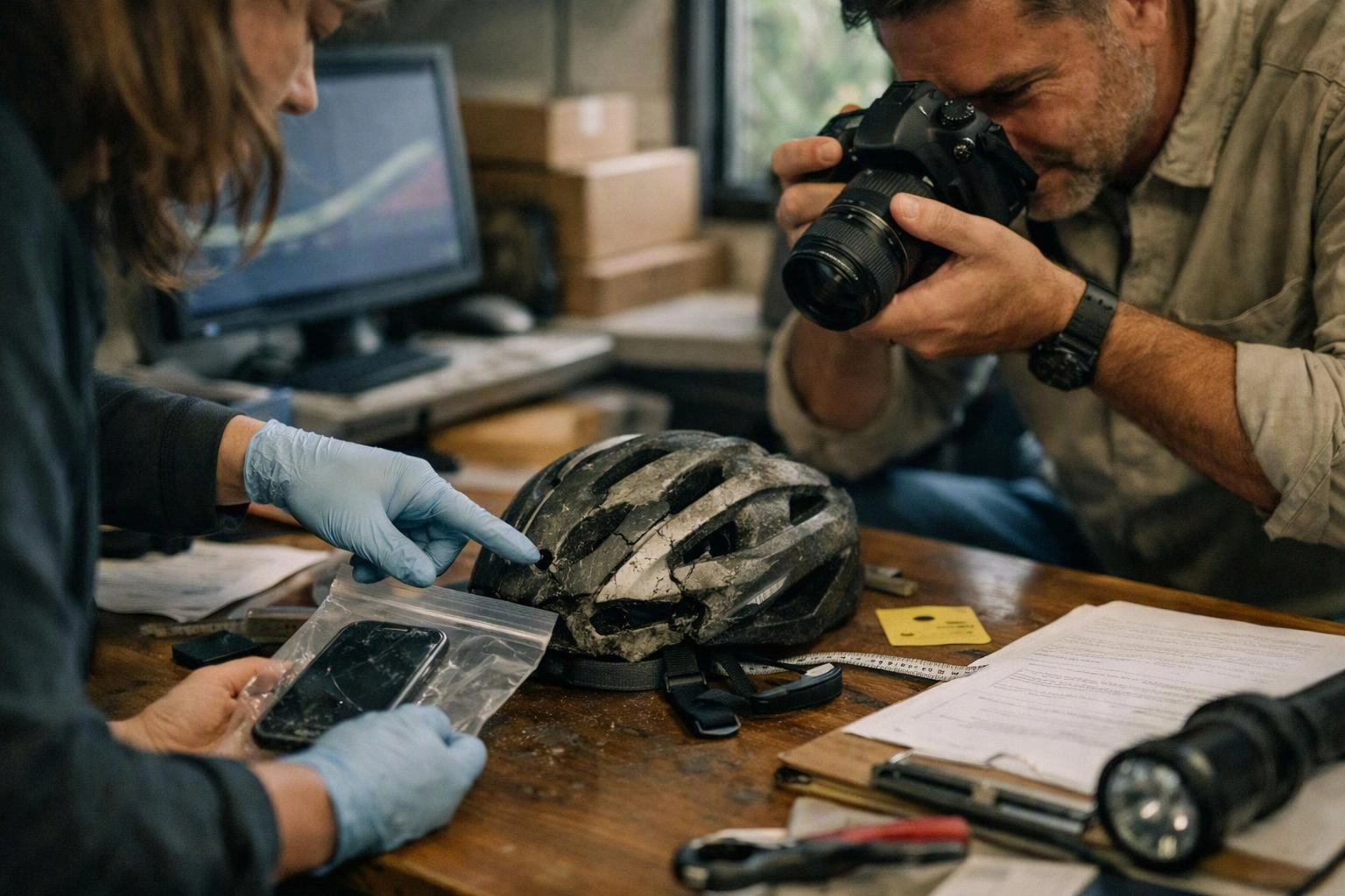 Two people inspect a damaged bicycle helmet on a cluttered desk while one photographs it and another bags a phone