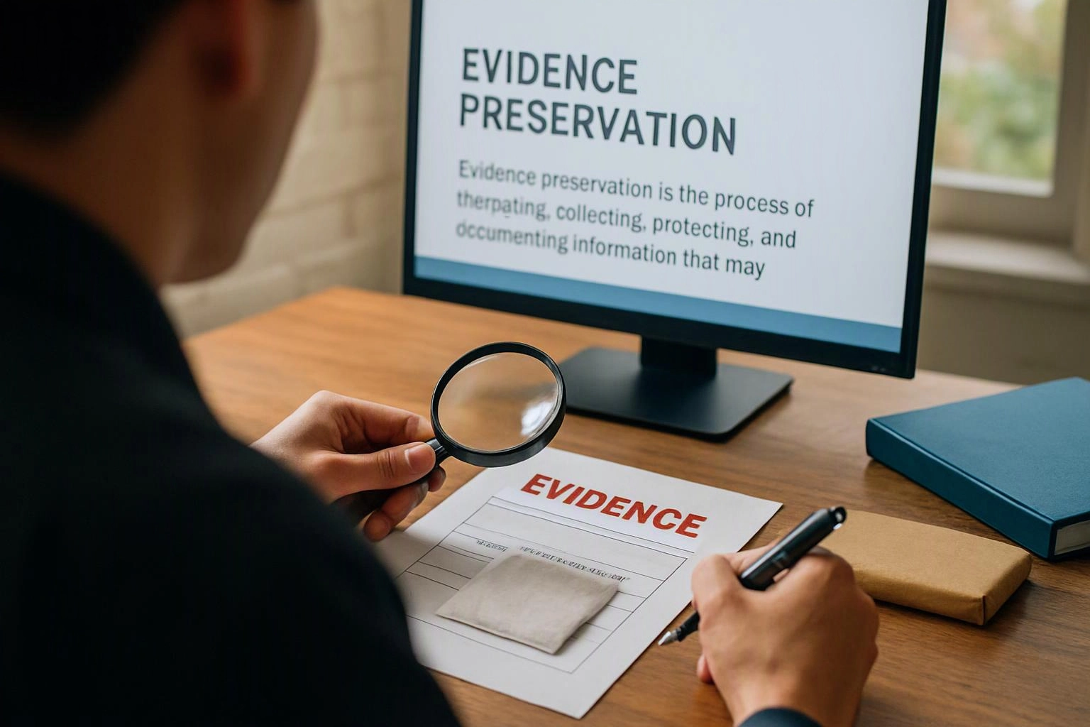 A person examines an evidence sheet with a magnifying glass beside a monitor, desk, and sealed envelope