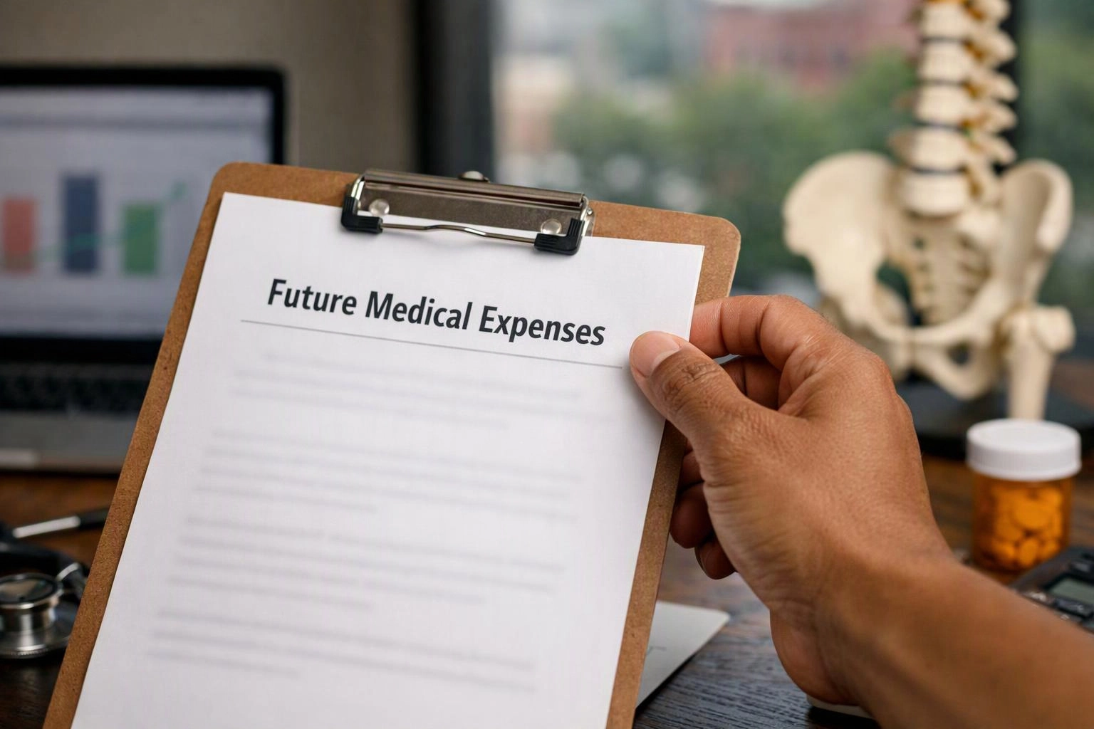 A hand holds a clipboard showing “Future Medical Expenses” in an office with a laptop and spine model in the background