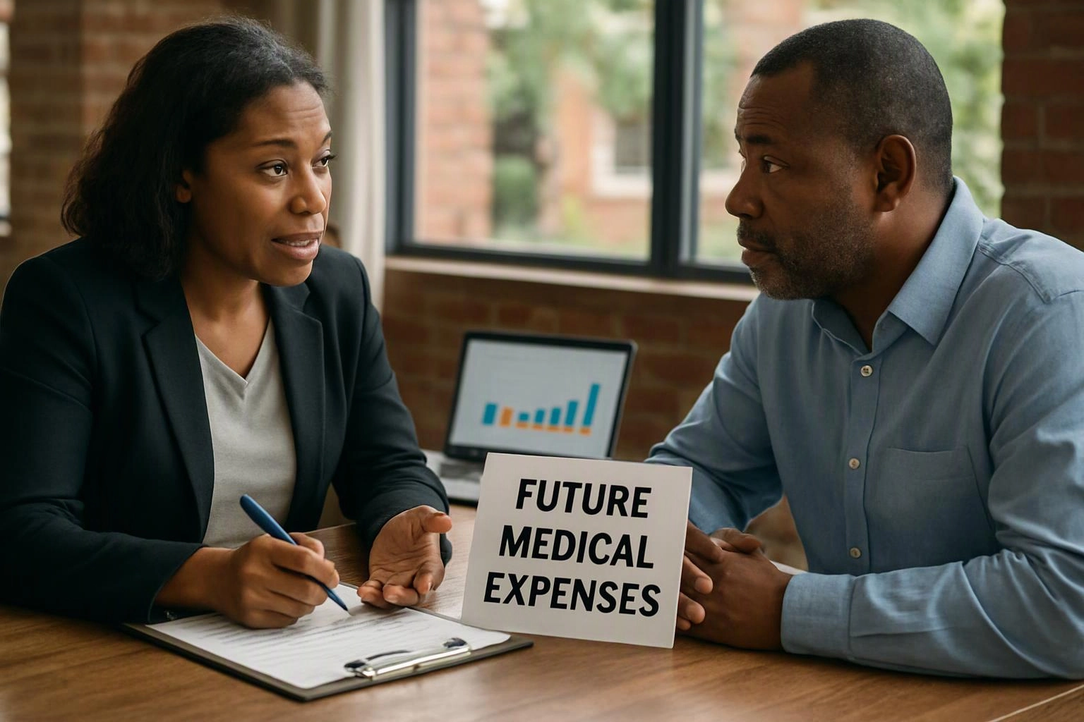 Two people talk across a table while reviewing papers, a laptop chart, and a sign reading “FUTURE MEDICAL EXPENSES”