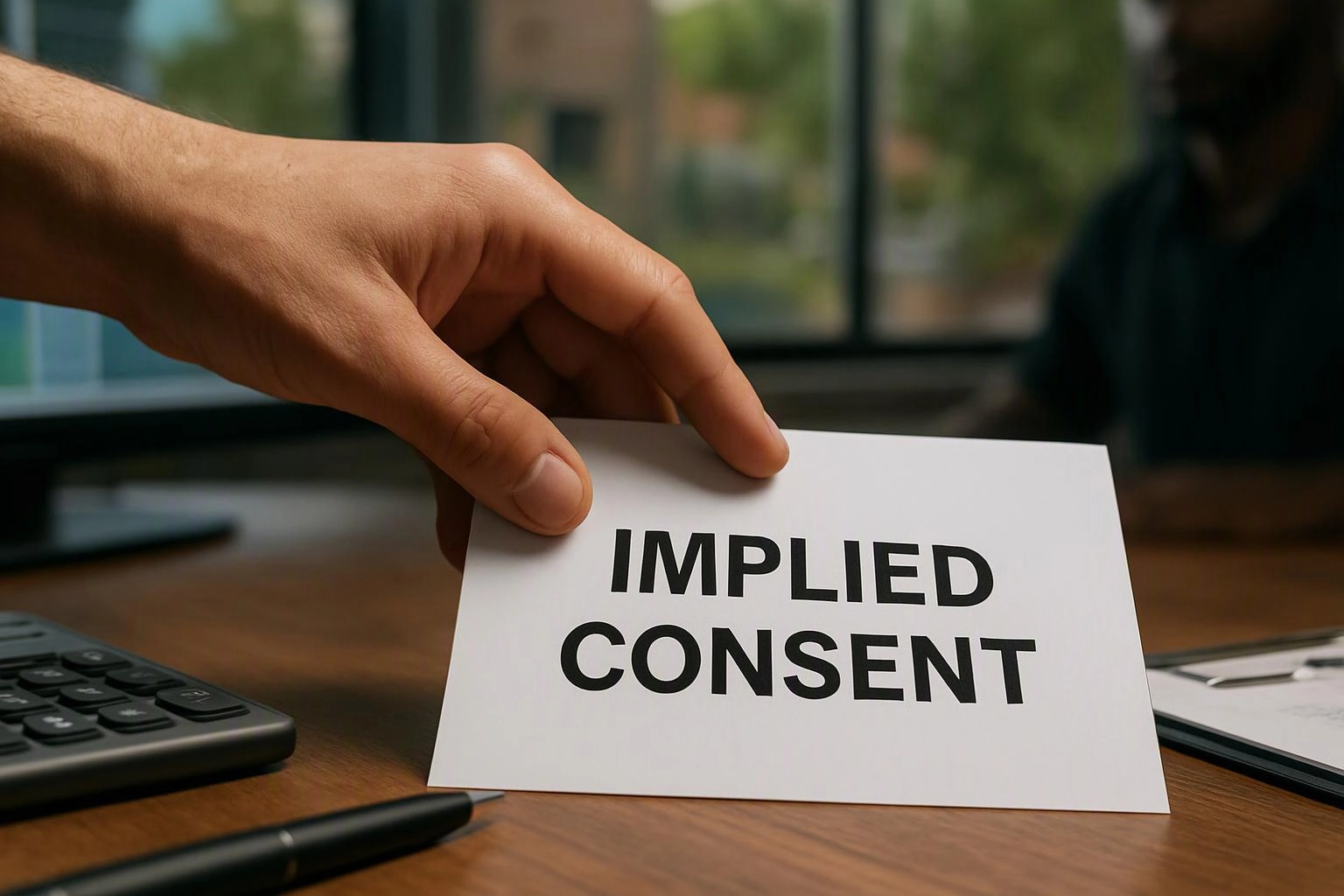 A hand places a card reading "IMPLIED CONSENT" on a desk beside a calculator and pen