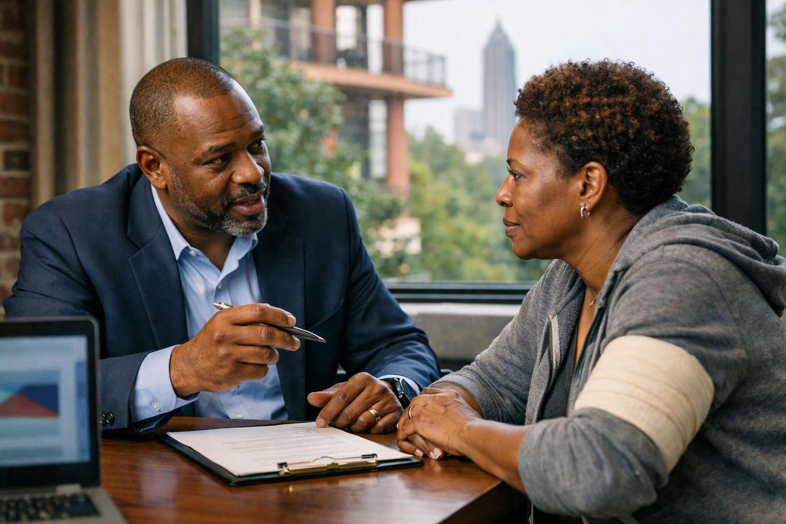 Two people sit at a table, talking over a clipboard in a bright office by a window