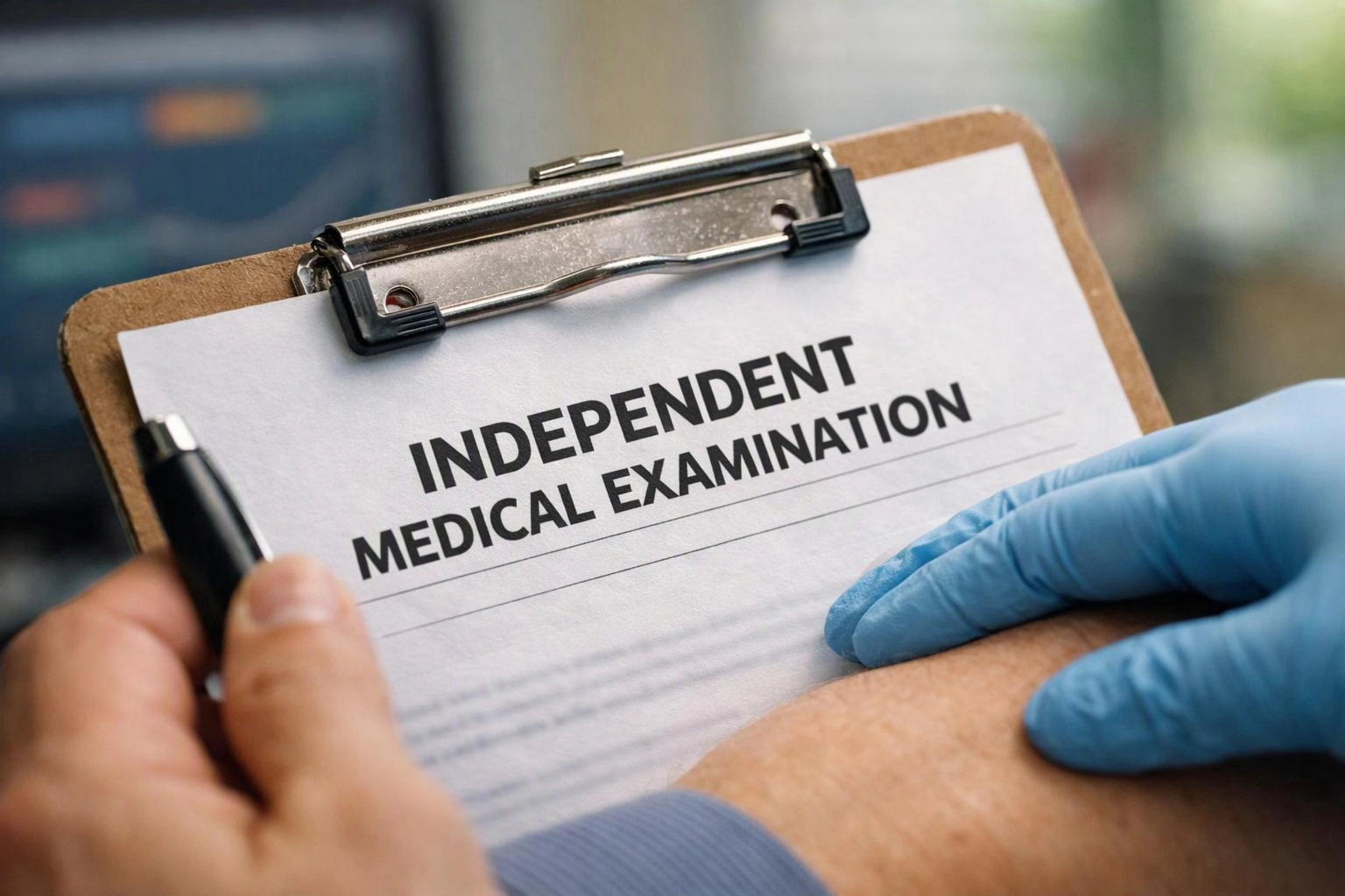 A gloved hand examines a patient’s arm while a clipboard shows “INDEPENDENT MEDICAL EXAMINATION”
