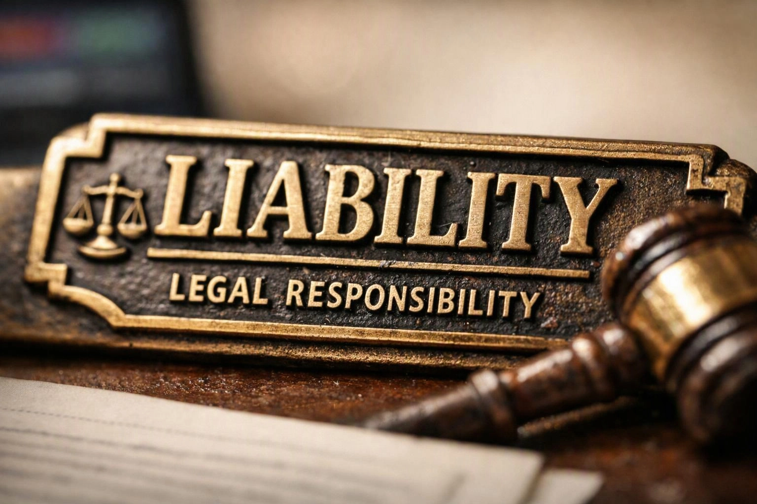 A legal plaque reading “LIABILITY” and “LEGAL RESPONSIBILITY” sits beside a wooden gavel on a desk