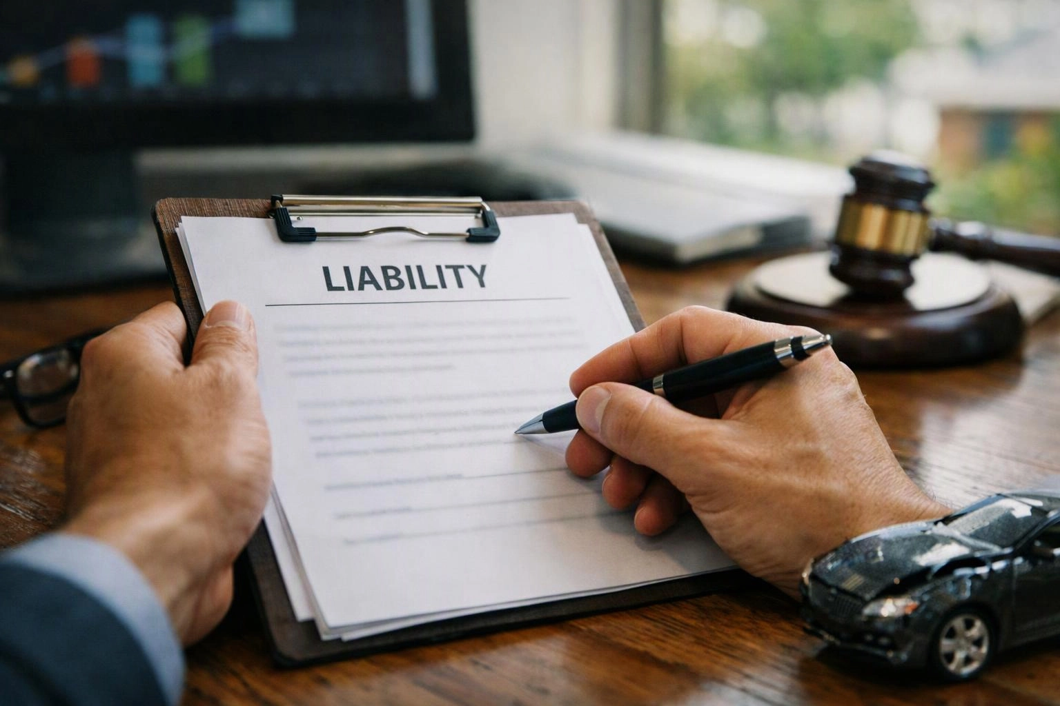 Hands hold a clipboard with a liability form while a pen hovers over a wooden desk with a gavel and toy car
