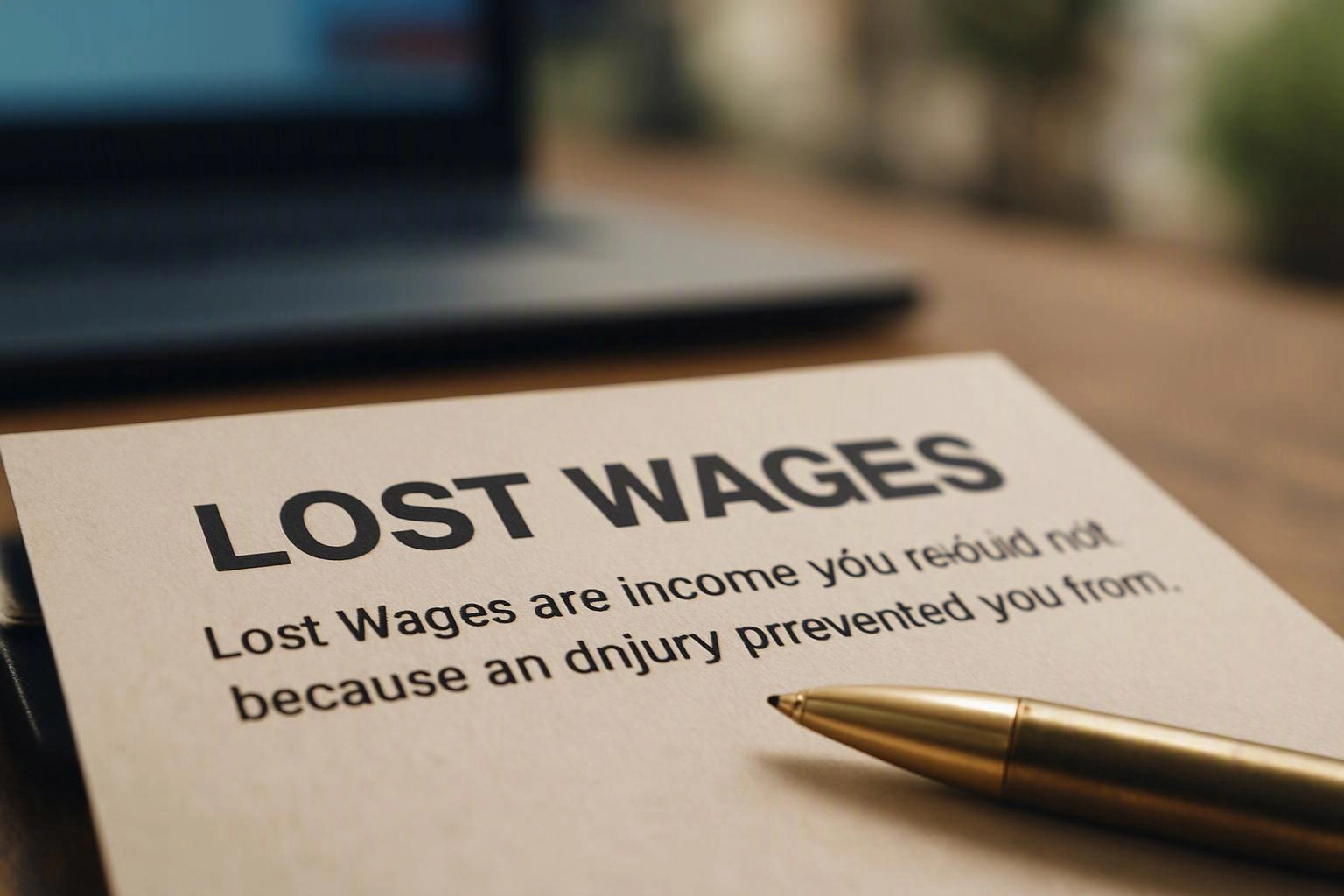 A printed page titled “LOST WAGES” sits beside a gold pen on a desk near a laptop